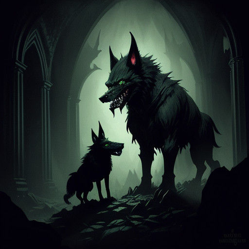 Dark Fantasy Barghest in Ruined Castle Corridor