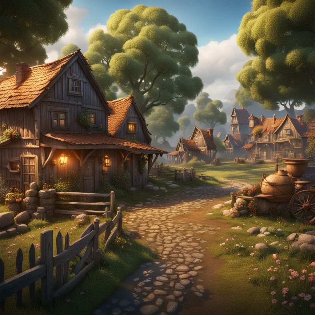 Fantastical Small Town Farm in Detailed Matte Painting