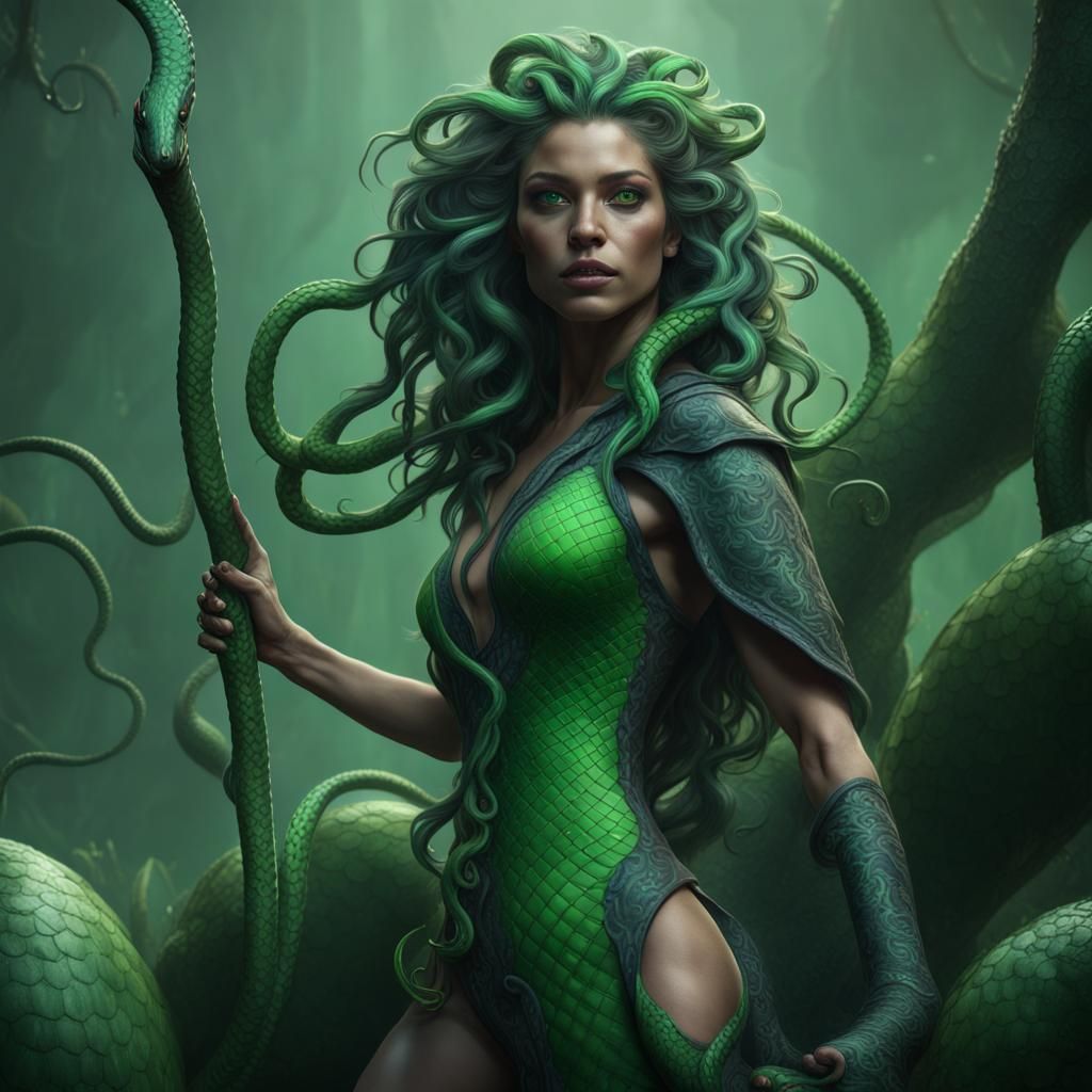 Green Haired Medusa Snake in Detailed Matte Painting