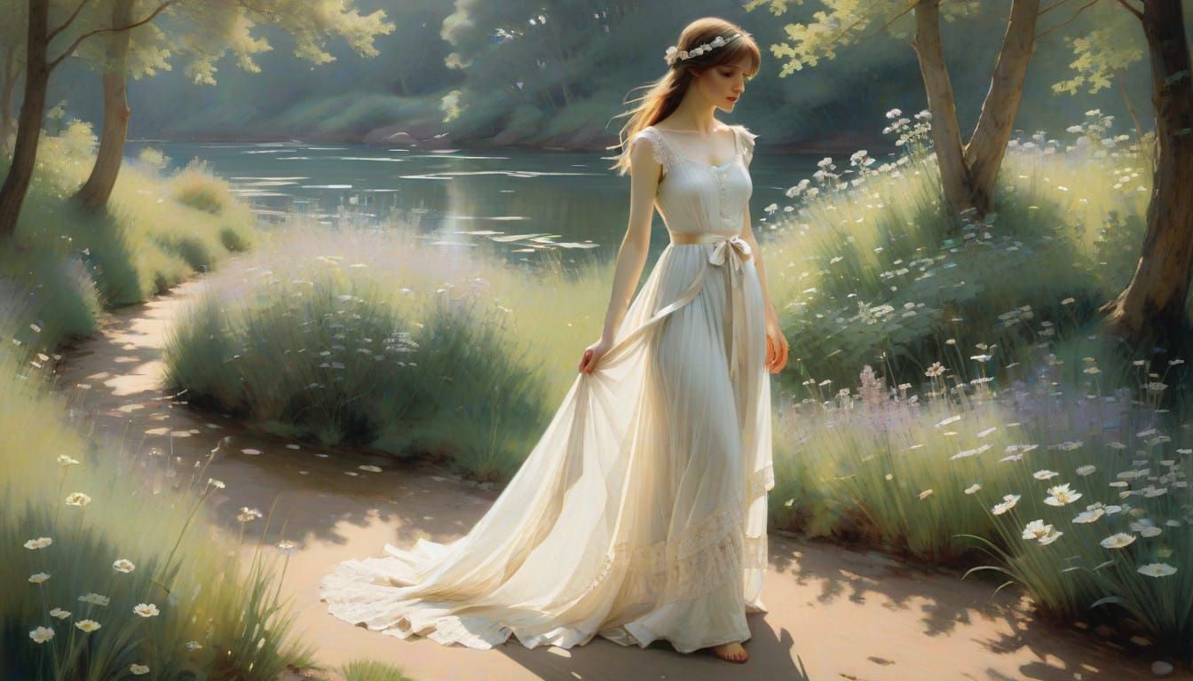 Sensual Goddess Embracing Innocent Youth in Soft Pastel Ligh...