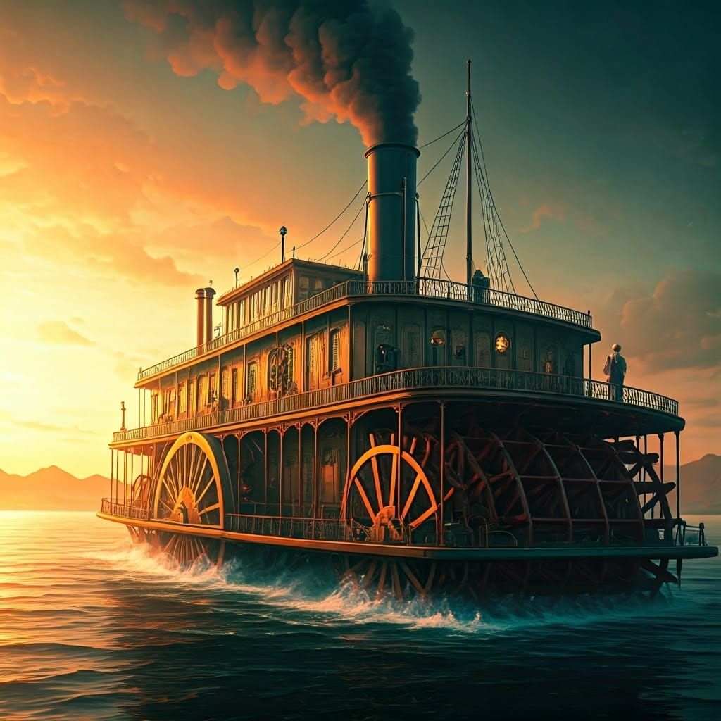 Mark Twain in Steampunk Paddle Wheel Boat Amidst Whirling Fo...