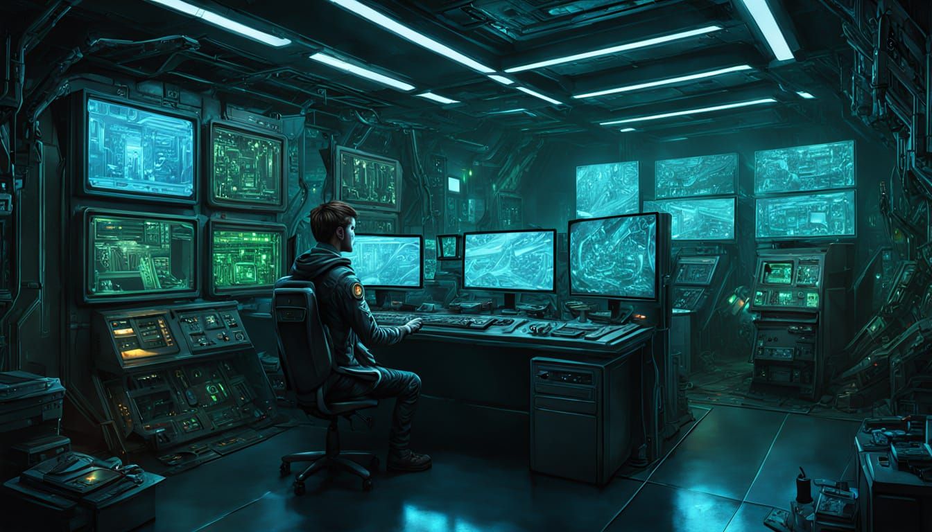Futuristic Programmer in Bunker with Robot Army Displays