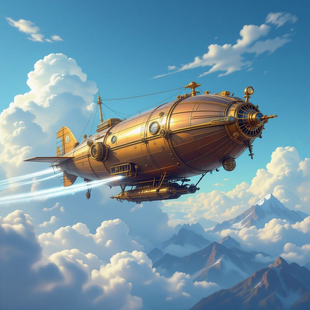Steampunk Airship Soaring Through a Sunlit Sky
