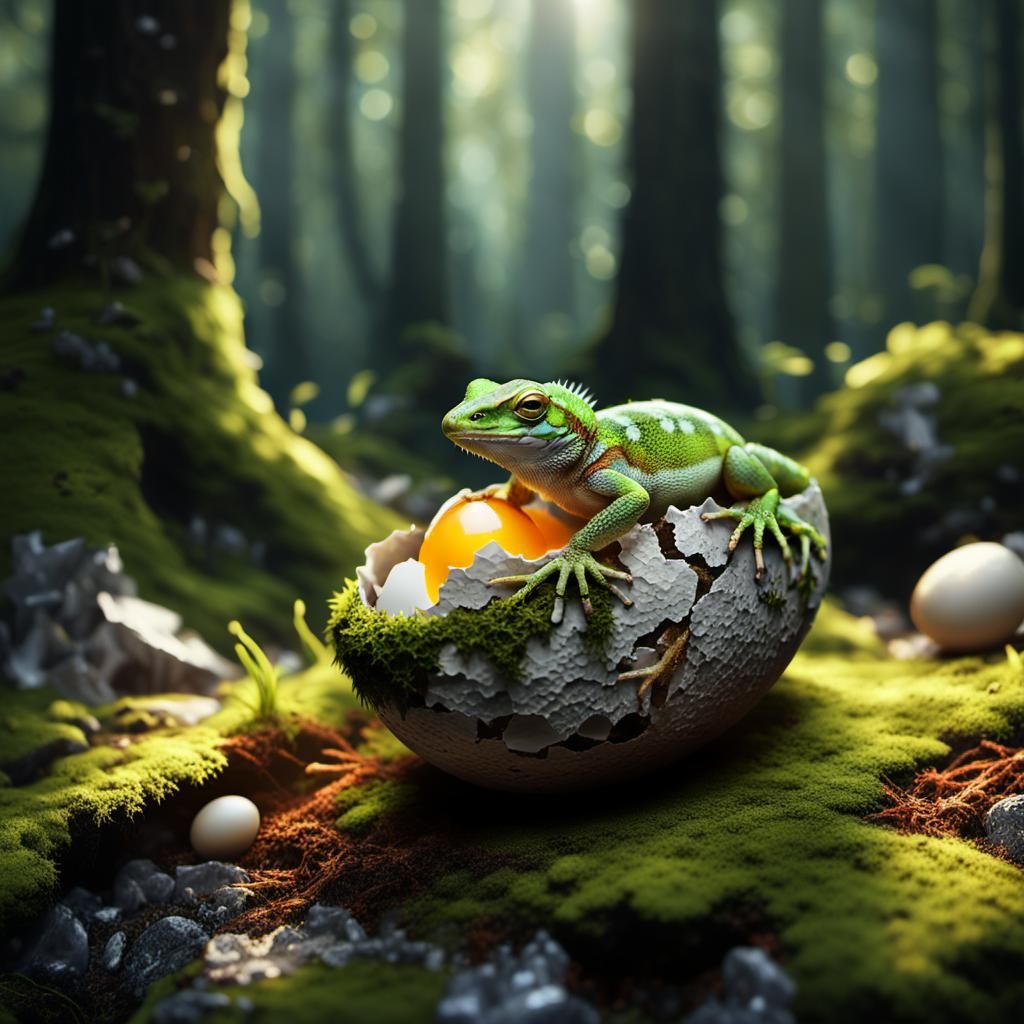 Lizard Hatching from Egg in Forest, Fantasy Concept Art