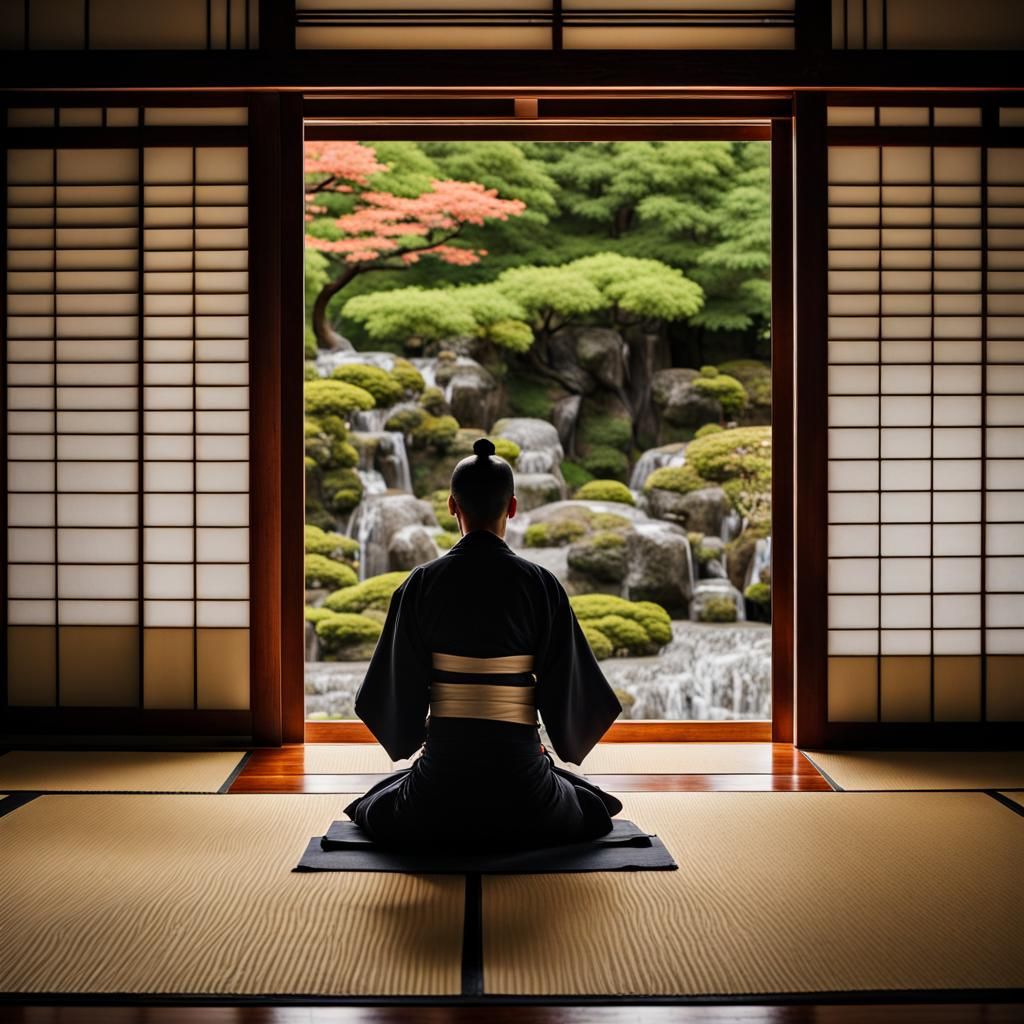 Japanese Daimyo in Traditional Room with Garden View