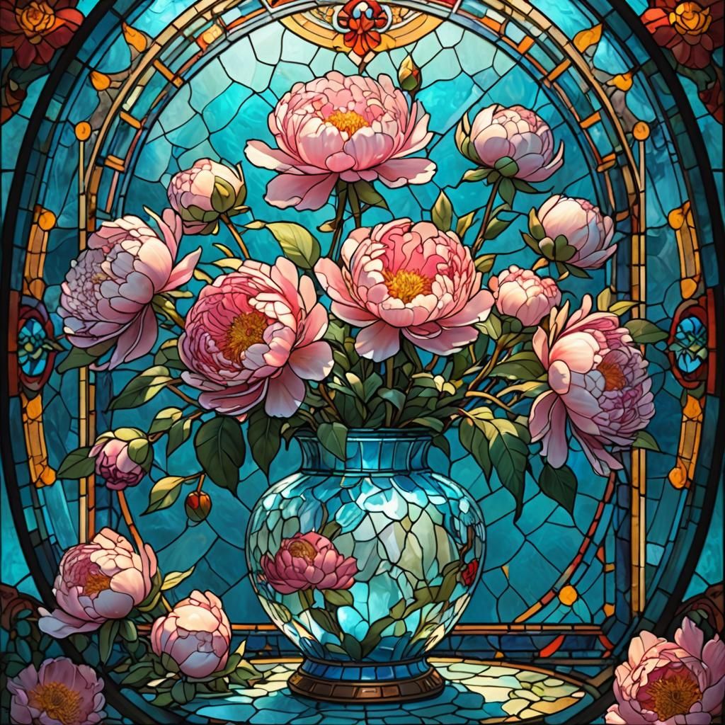 Luminous Stained Glass Window with Flowers
