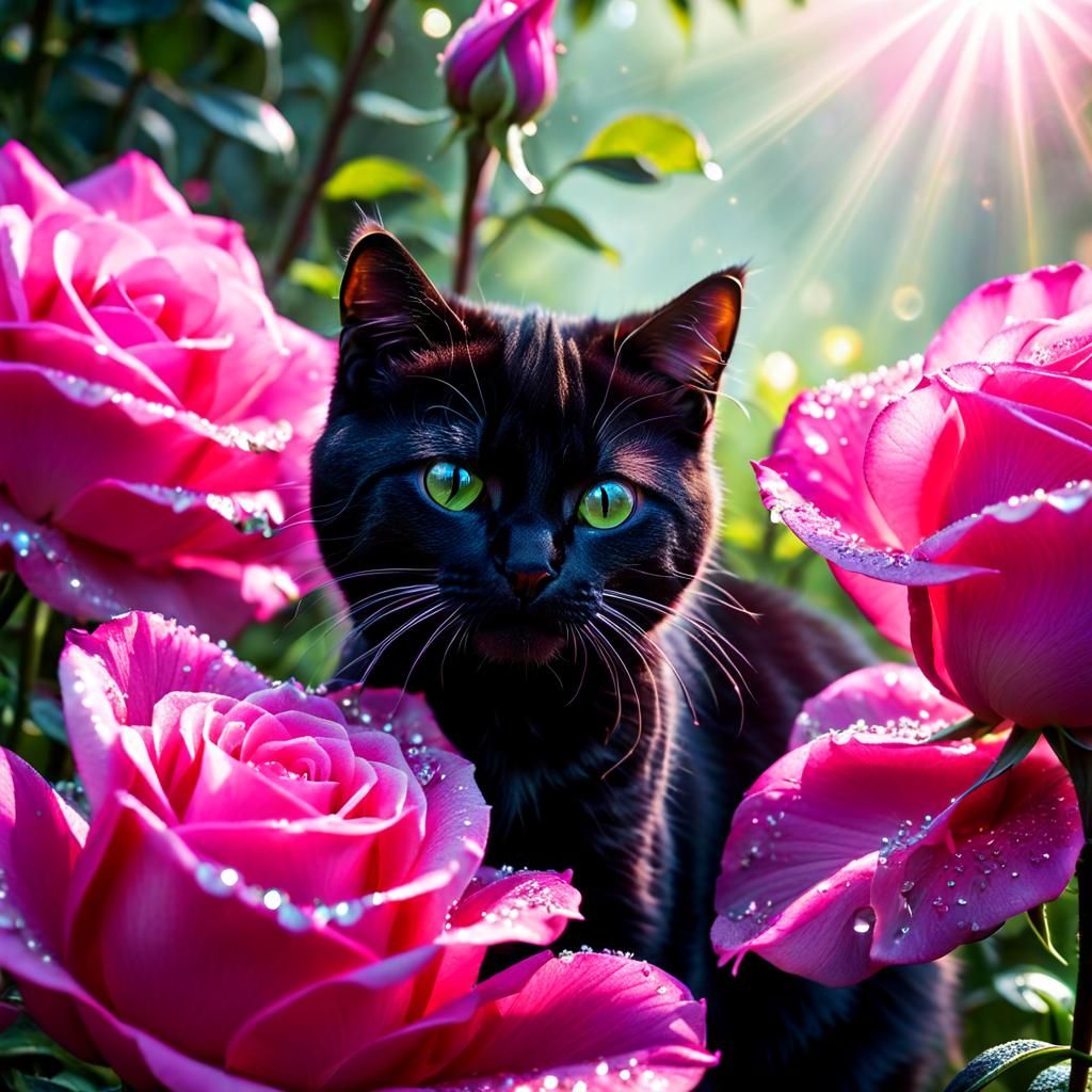 Black Cat Sniffs a Pink Rose in Sunlight