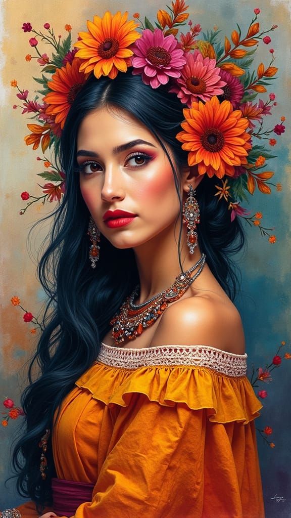 Peruvian Folk Art Portrait in Vibrant Aquarel Style