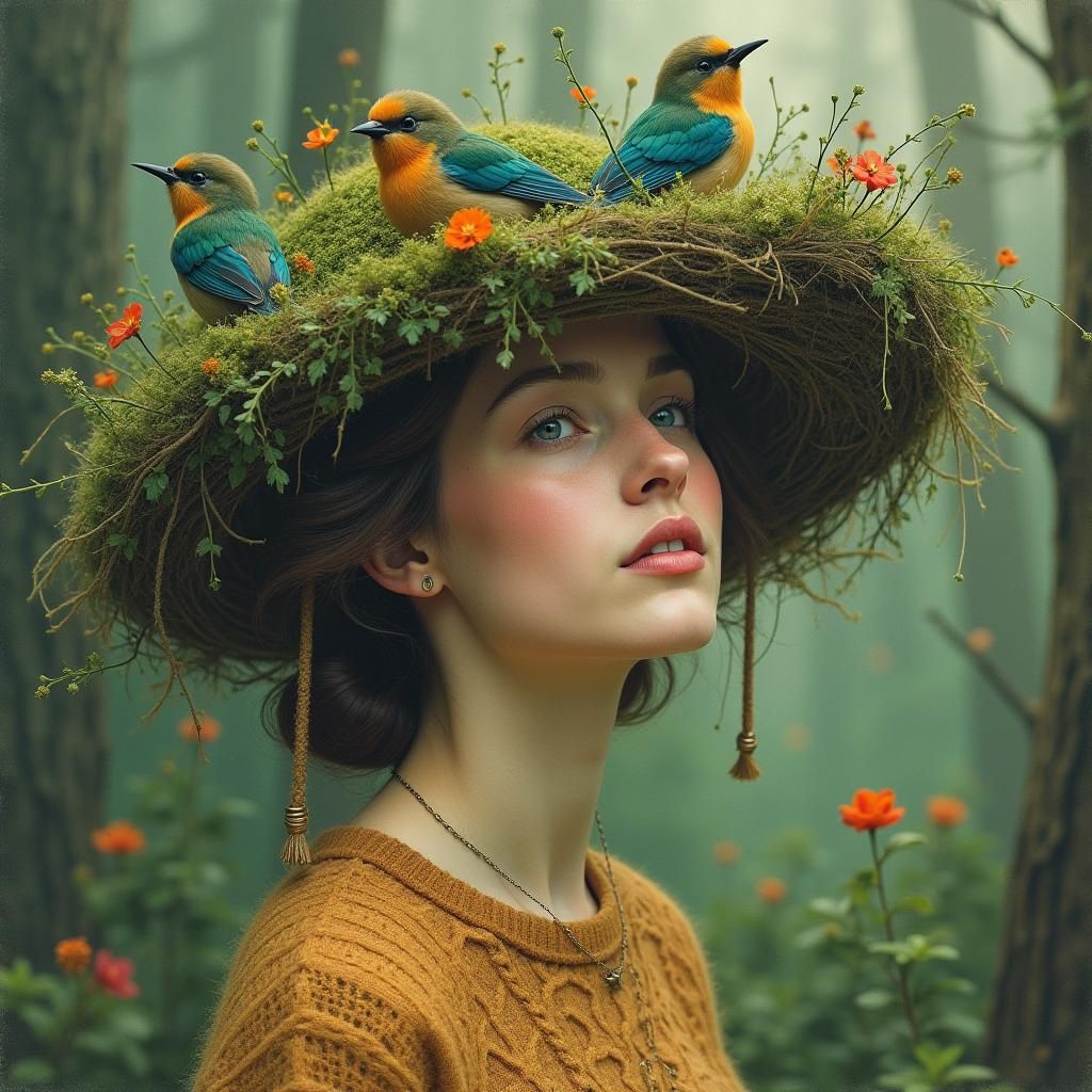 Woman with Bird Nest Hat in Forest, Imaginative Realism