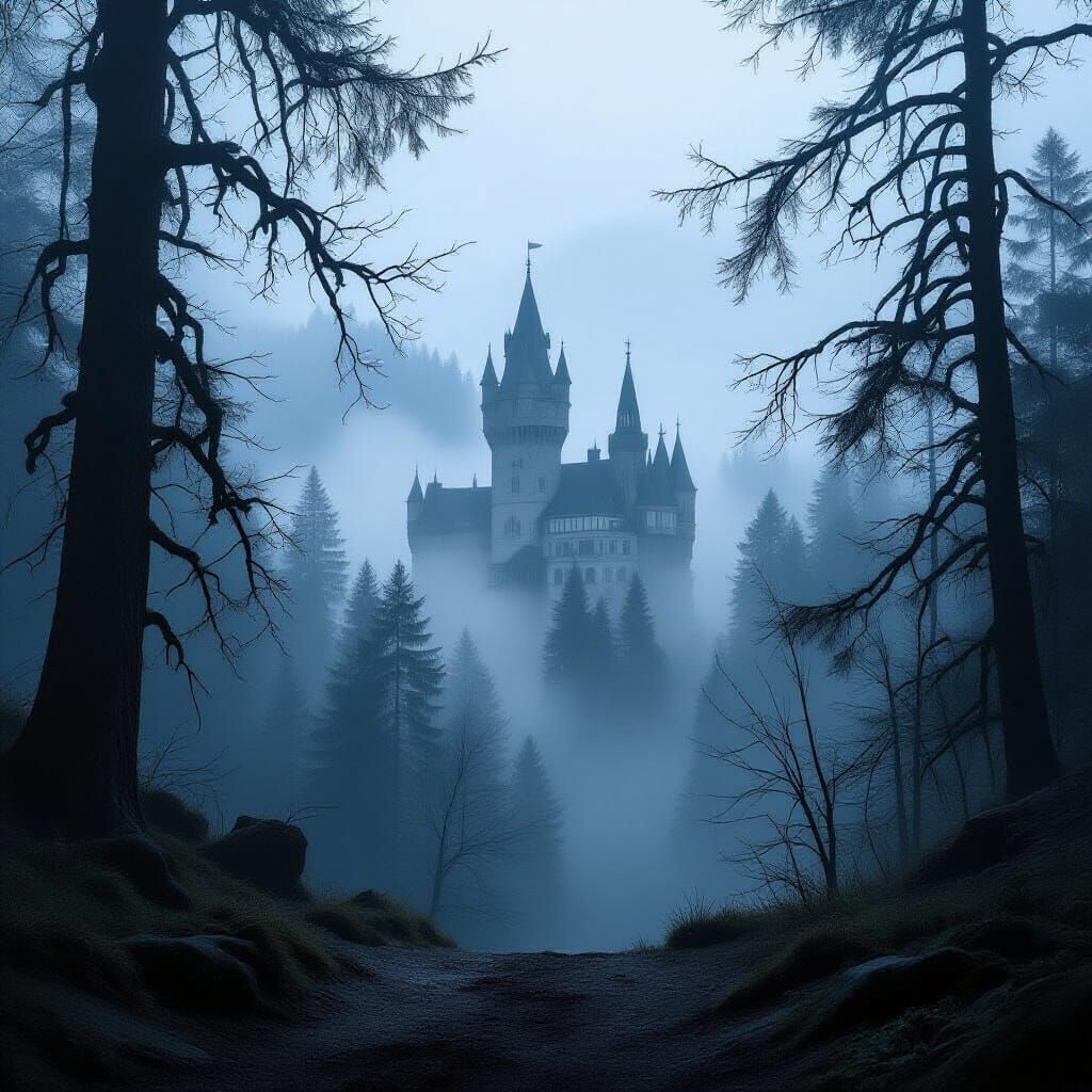 Bran Castle in Misty Carpathian Forest