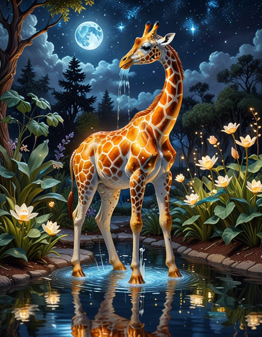Gothic Giraffe Fountain in a Magical Forest