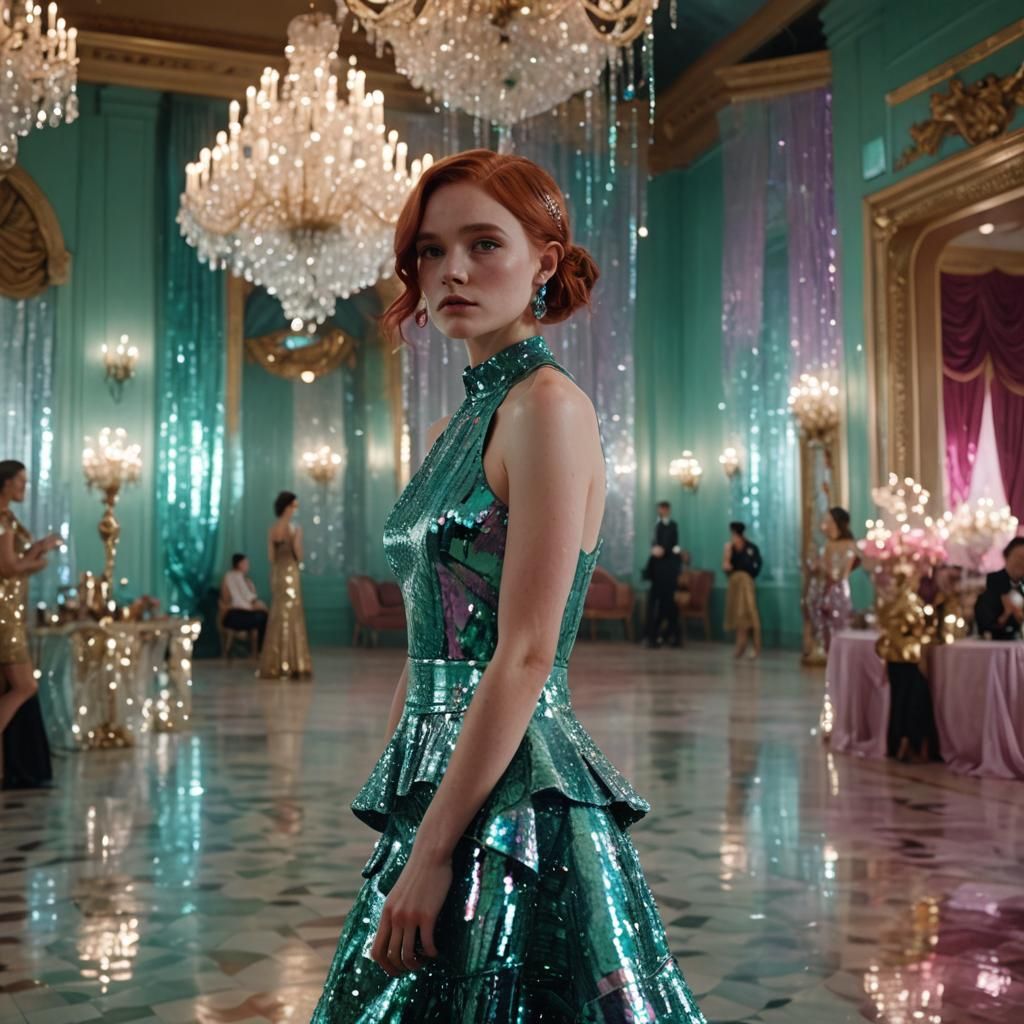 Woman in Sequined Dress in Grand Ballroom