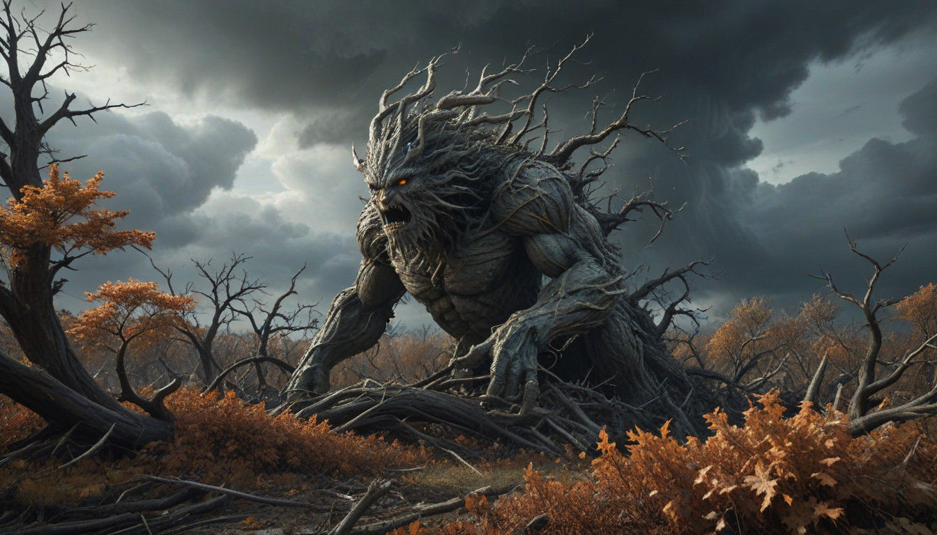 Surreal Autumn Storm Beast Emerges from Turbulent Winds