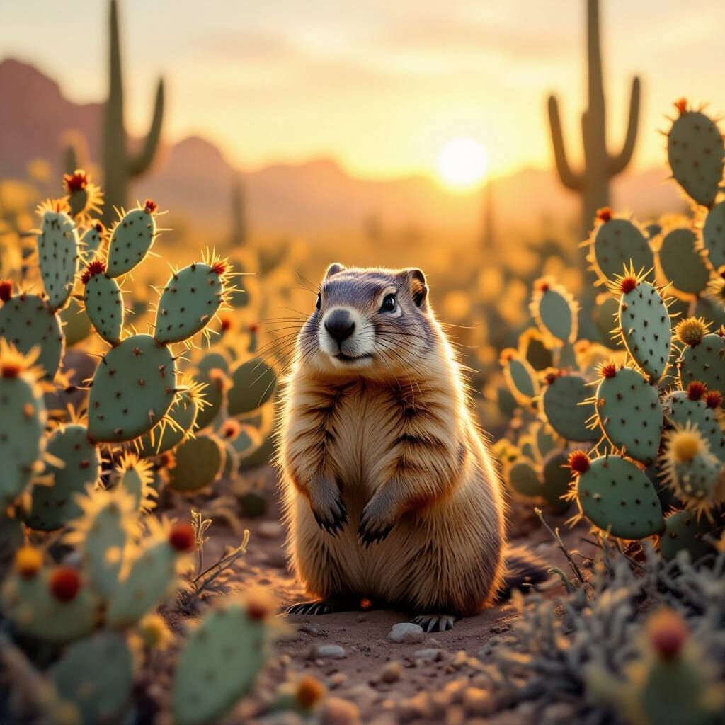 Curious Groundhog Amidst Prickly Cacti in Desert