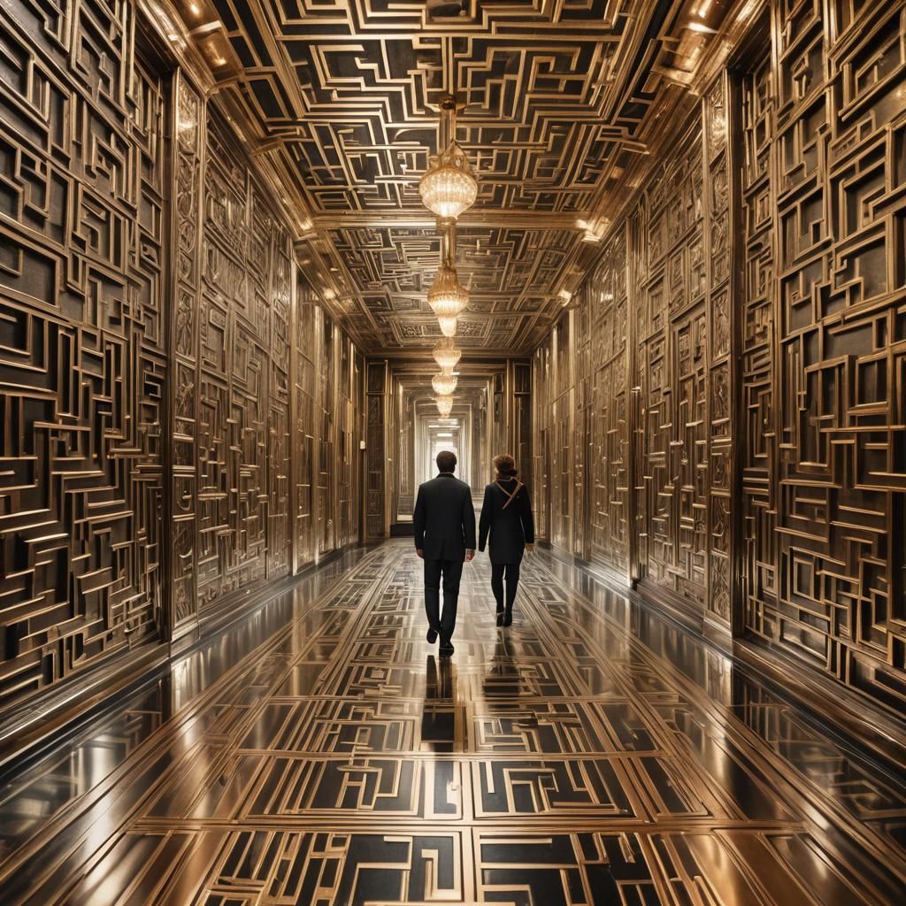Art Deco Maze with Metallic Walls and Dynamic Lighting