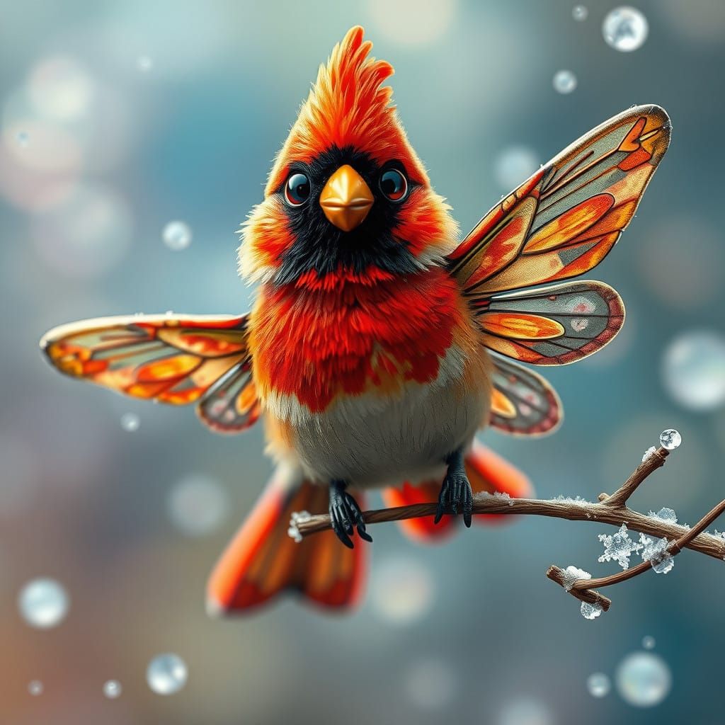 Surreal Cardinal Bird Duality in Wood Sculpture Style