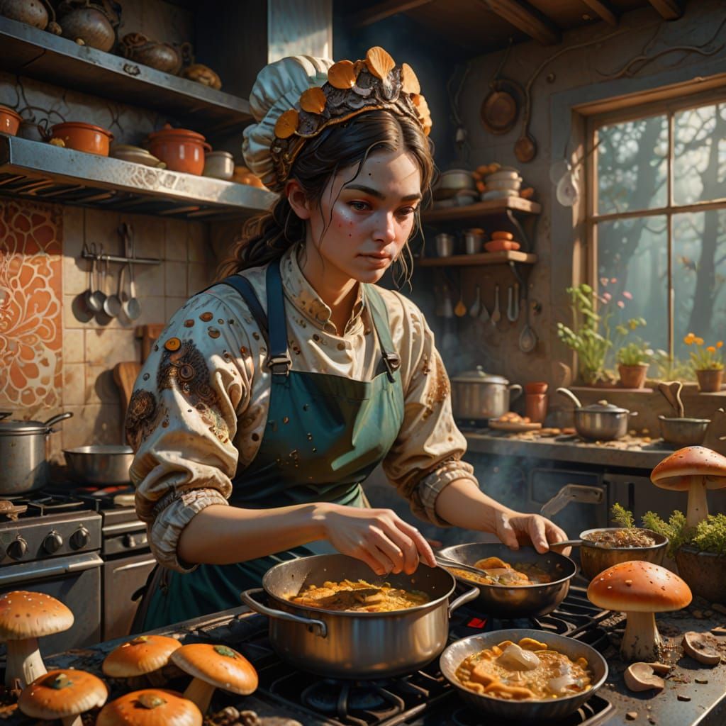 Hyper-Realistic Fungal Princess in a Vibrant Kitchen
