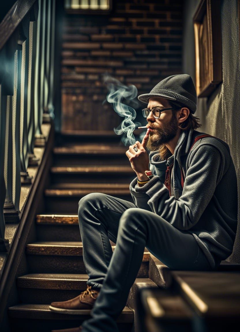 Hipster Smoking in Stairwell: Hyperrealistic Atmospheric Por...