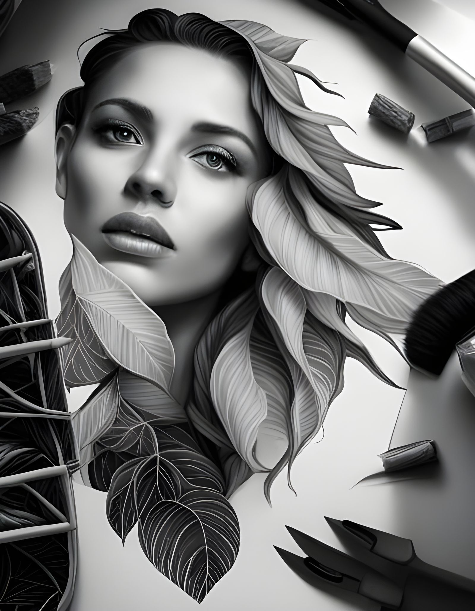 intricate foliage beauty double exposure portrait, artstation, tony sart, photorealism, grayscale, otherworldly fantasy ...