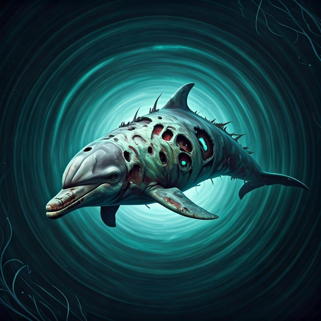 Zombie Dolphin Breaching Mystical Ocean: Fantasy Concept Art