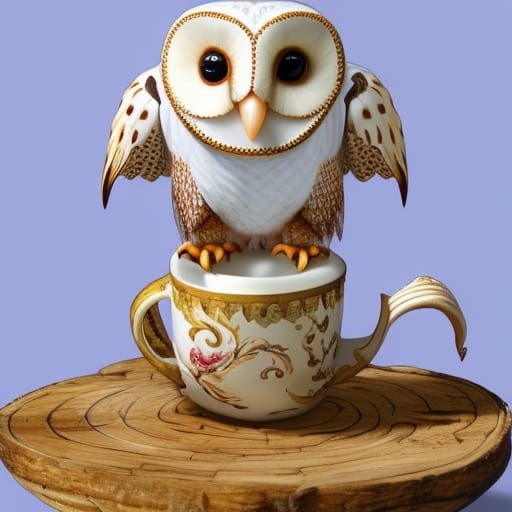 Ornate Barn Owl in Teacup: Candyland Wonderland