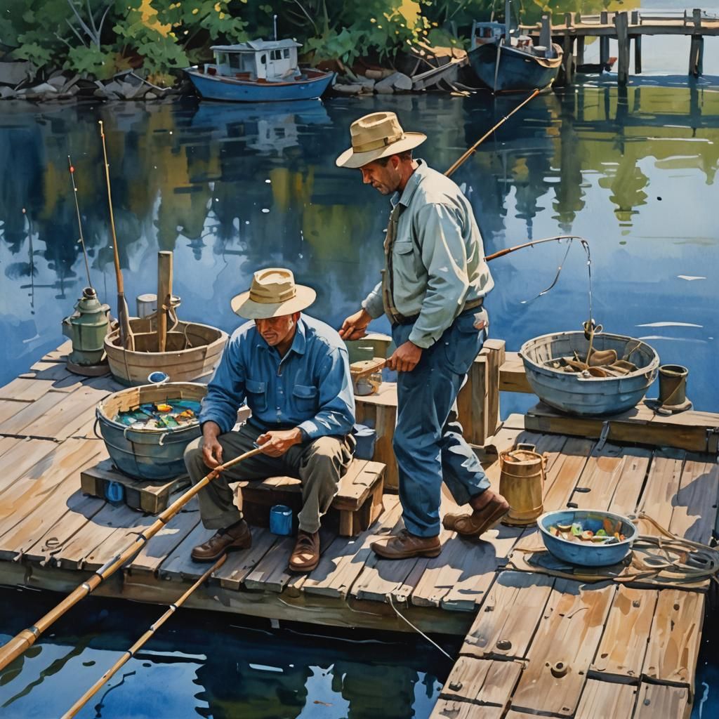 Impasto Gouache Fishing Scene with Golden Lighting