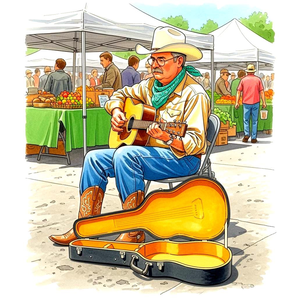 Cowboy Musician at Farmers Market in Watercolor Style