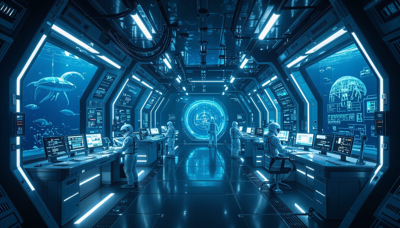 Ultra-Modern Ocean Floor Lab with Holographic Interfaces