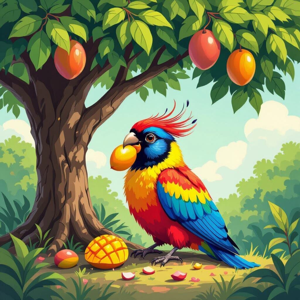 Exotic Bird Eats Mango Under Lush Tree