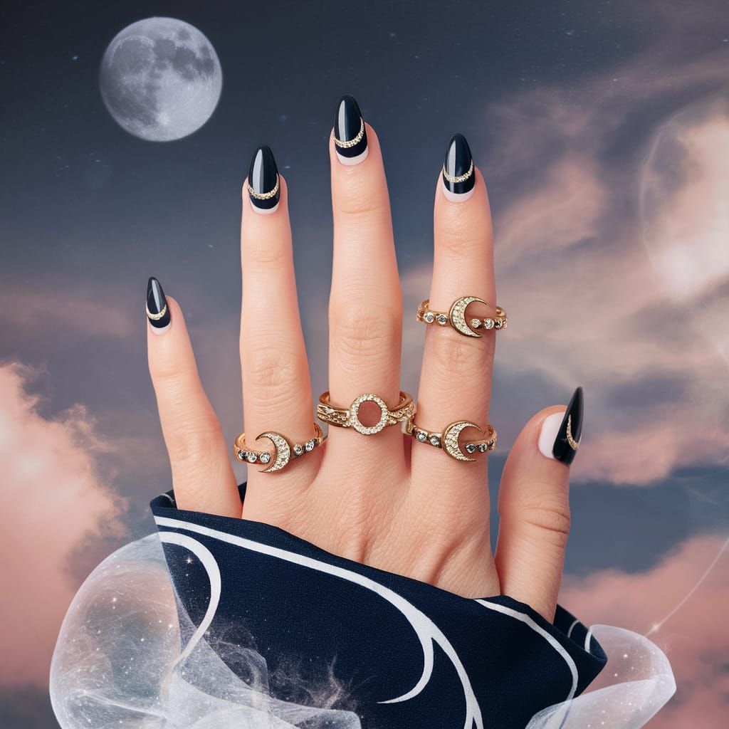 Anime Girl's Hand with Moon Nails and Rings