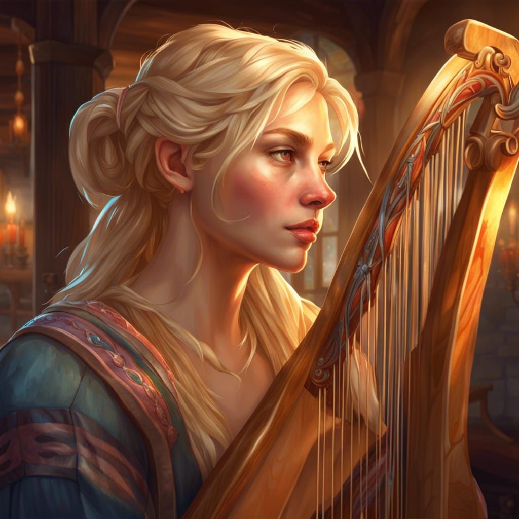 Medieval Harpist Portrait in Art Nouveau Style