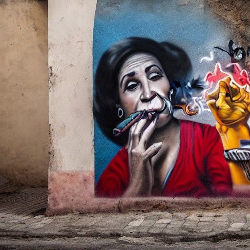 Cuban Woman Smoking Cigar Beside Graffiti Wall