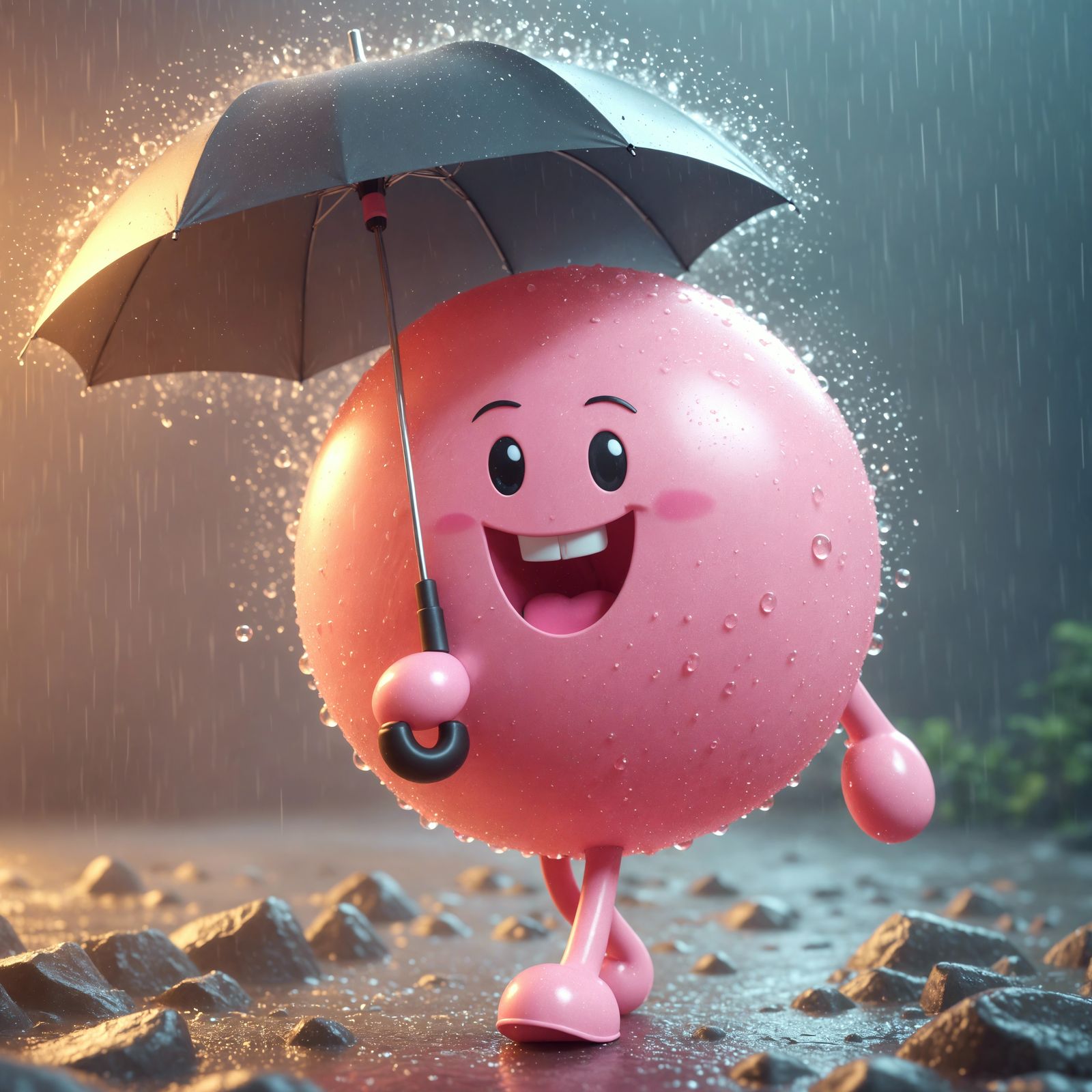 Cheerful Bubblegum Character in Raging Rainstorm