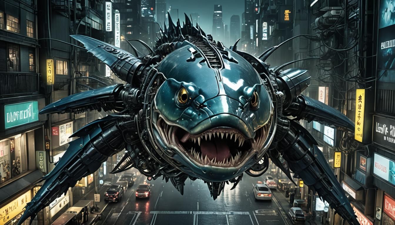 Biomechanical Cod in Cyberpunk Cityscape: Macro Photo