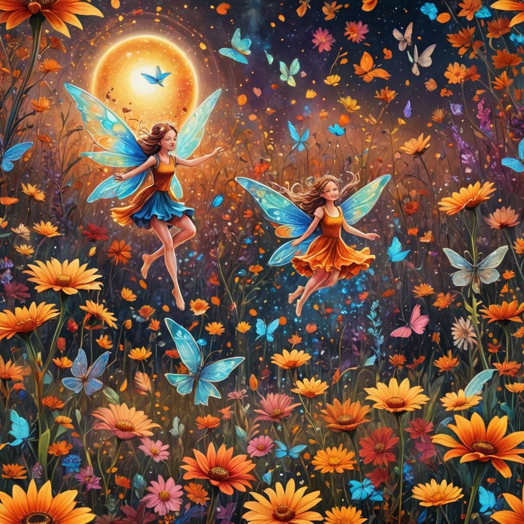 Fairies in Autumn Flower Field: Holographic Illustration