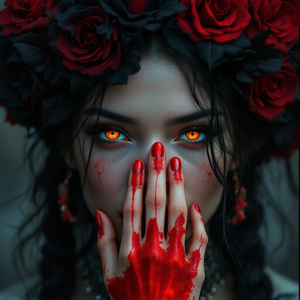 Native Goddess in Red Roses and Crimson Handprint