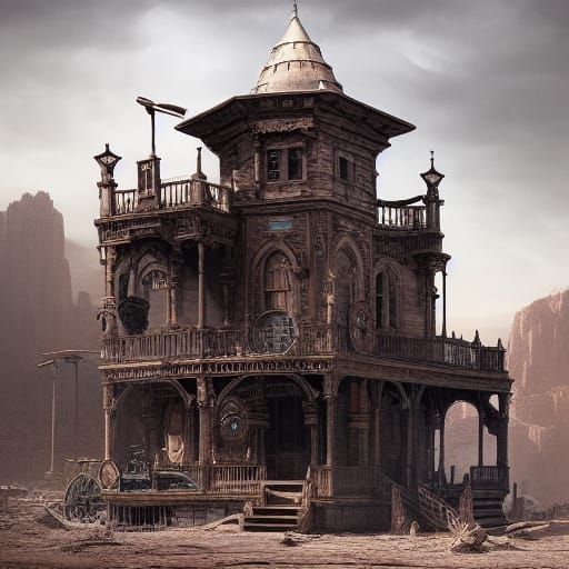 Steampunk Western Town in Digital Matte Painting Style