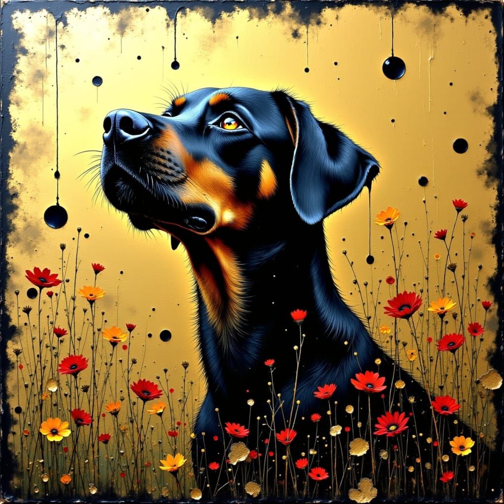 Dog and Flower in Gold and Watercolour Style