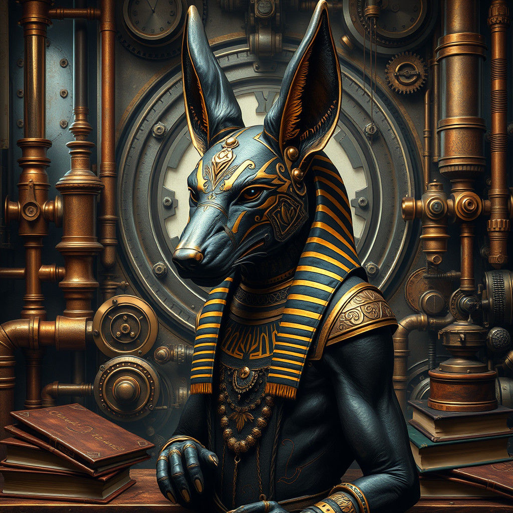 Anubis in Steampunk Style, Hyperrealistic Detailed Rendering