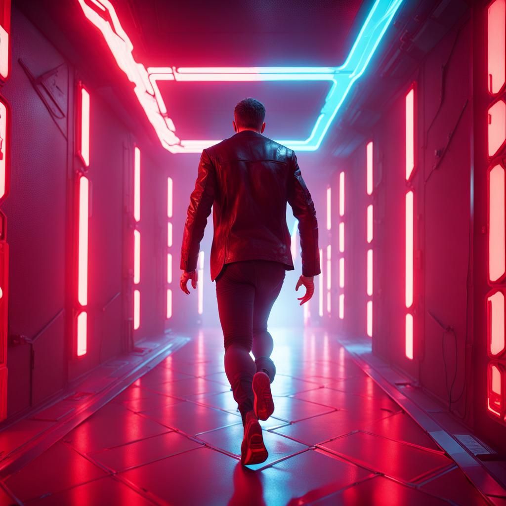 Cyberpunk Runner in Neon Hallway, Close-Up
