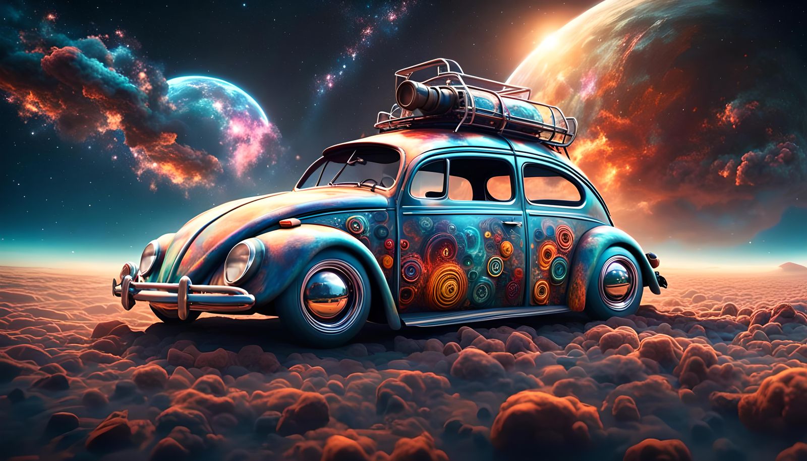 VW Beetle Rocketship Drifting in Space