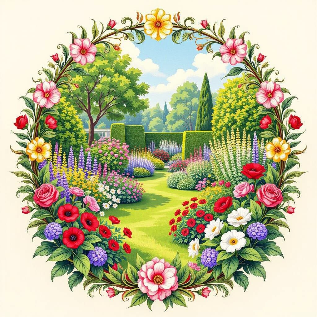 Ornate Botanical Drawing of a Beautiful Summer Garden