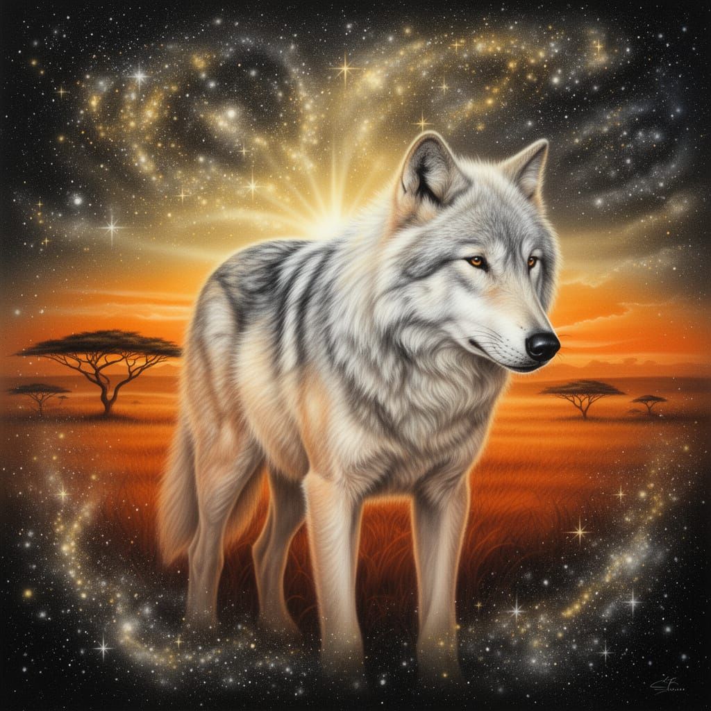 Realistic Wolf in Ethereal Savanna Sunset