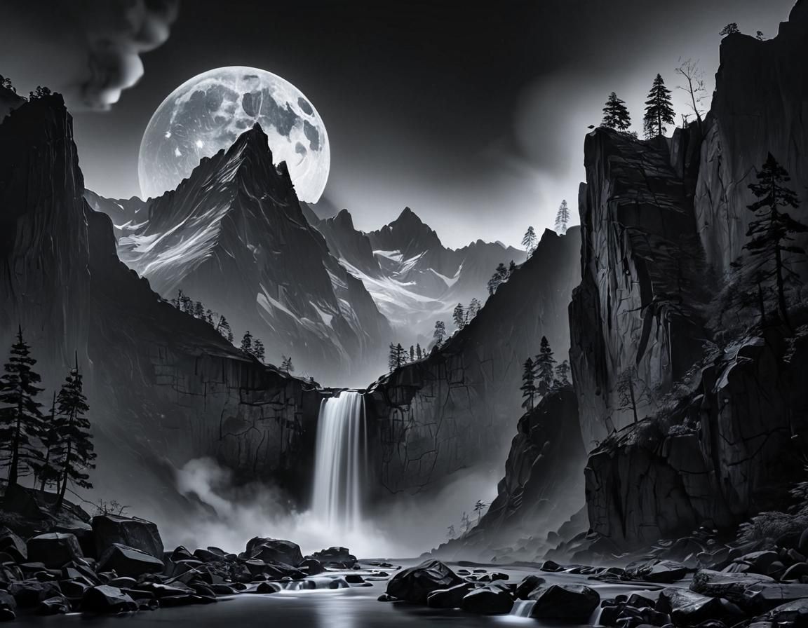 Monochromatic Blue Moonrise Over Mountain Waterfall