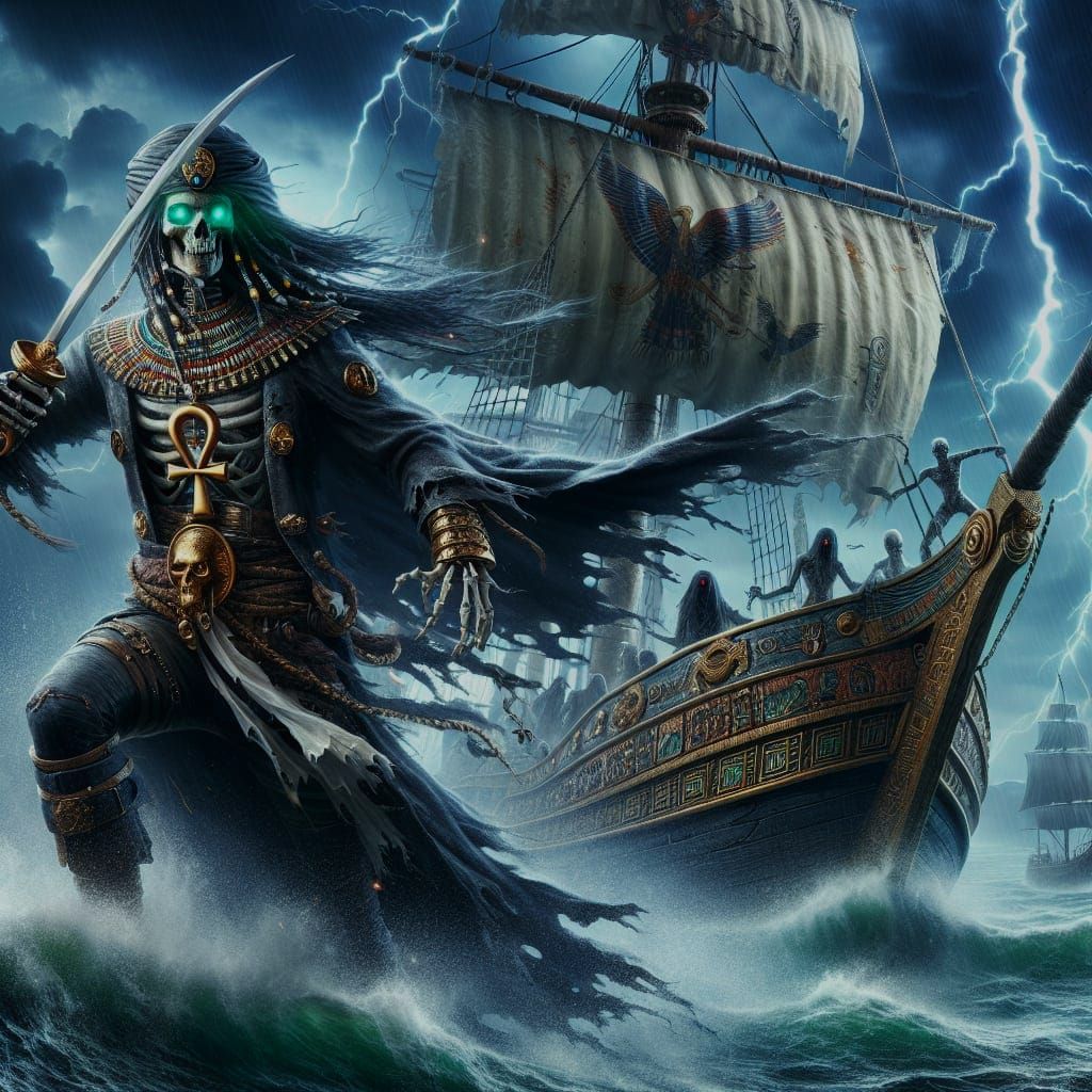 Skeletal Anubis Pirate Boarding Ship in a Stormy Egyptian Ni...
