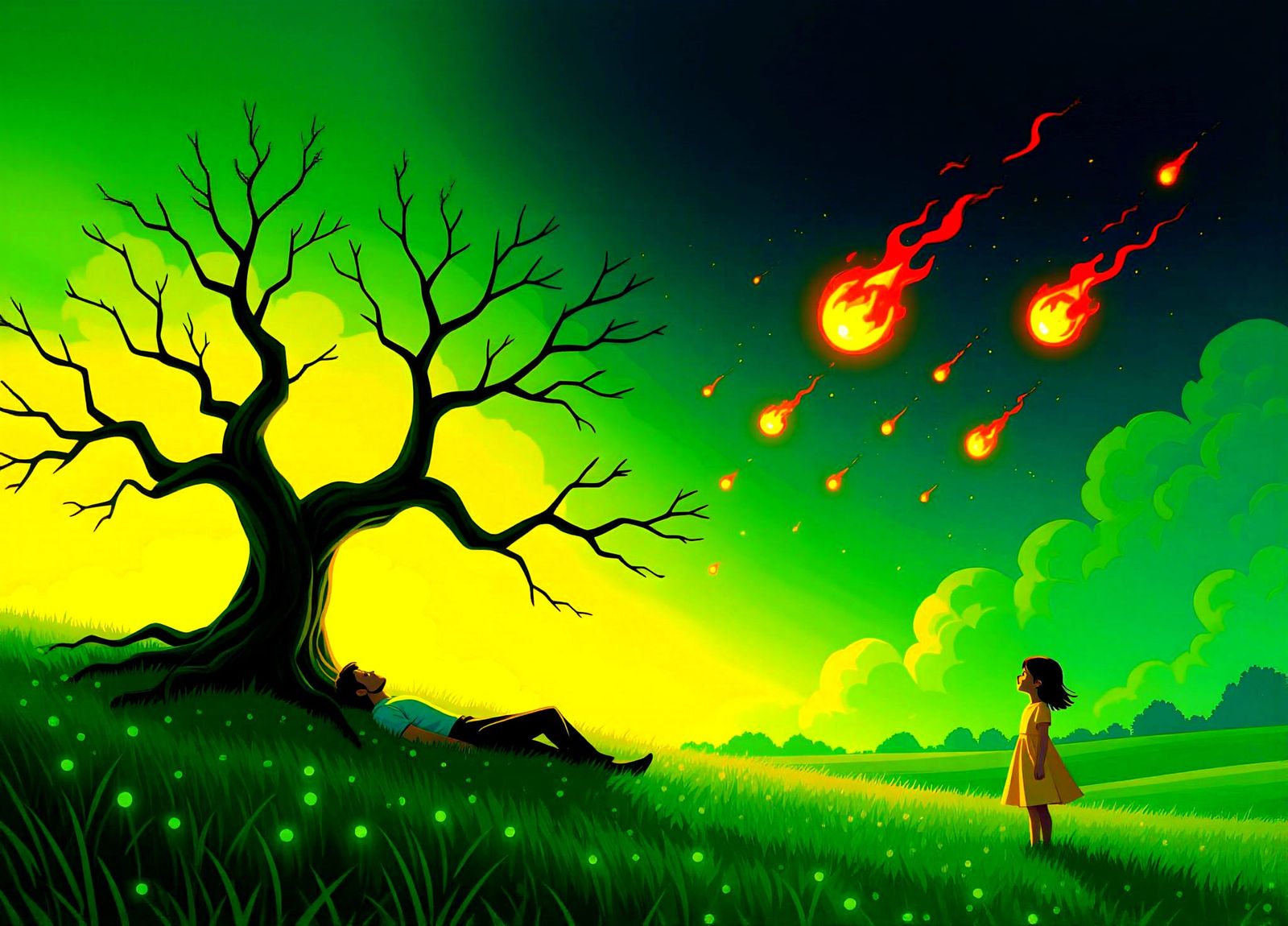 Surreal Meadow Scene with Fireballs and Crying Girl