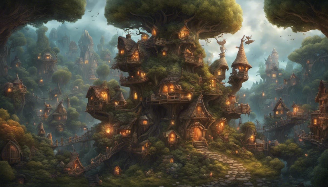 Fantasy Gnome Tree Village: Epic Digital Painting