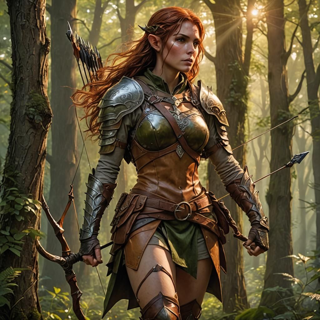Beautiful half-elf female ranger with medium length auburn h...