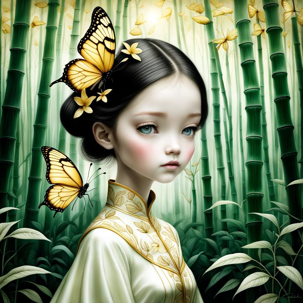 Girl in Bamboo Forest: Ink Drawing with Double Exposure