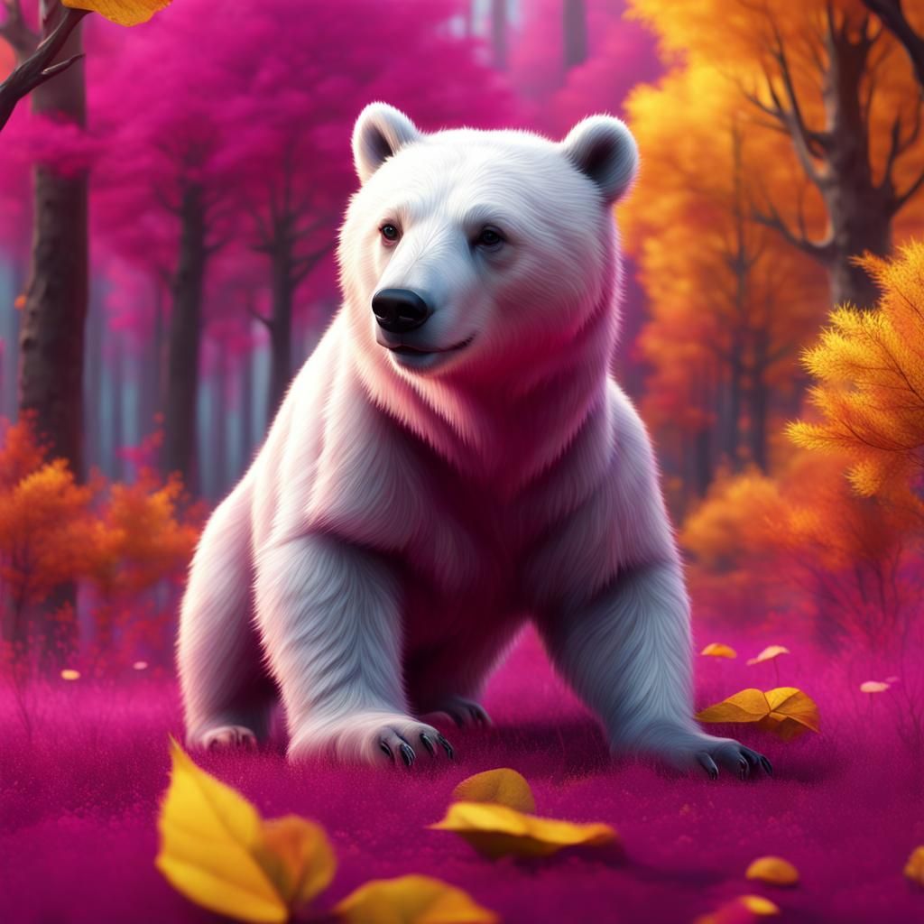 Cute White Bear in Autumn Landscape, 8K